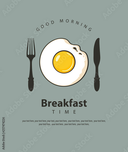 Vector banner on the theme of Breakfast time with fried egg, fork and knife on the grey background with place for text in retro style