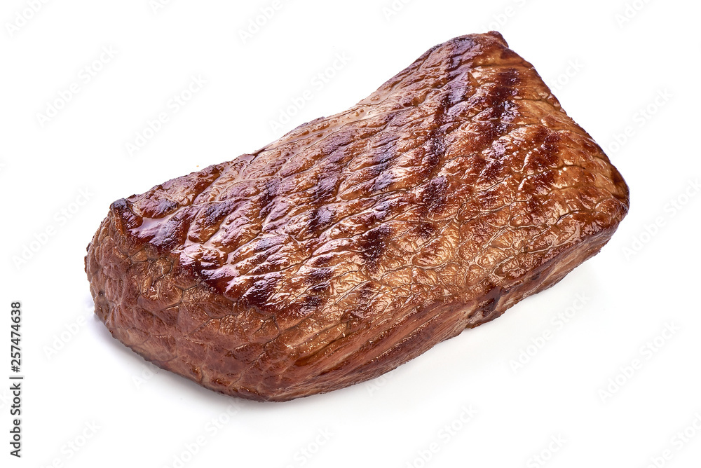 Grilled juicy beef fillet steak, fried meat, close-up, isolated on white background Grilled juicy beef fillet steak, fried meat, close-up, isolated on white background