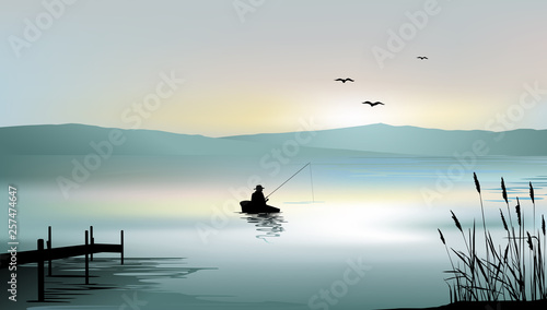Fototapeta Naklejka Na Ścianę i Meble -  Sunrise on the lake and a fisherman boat - vector illustration