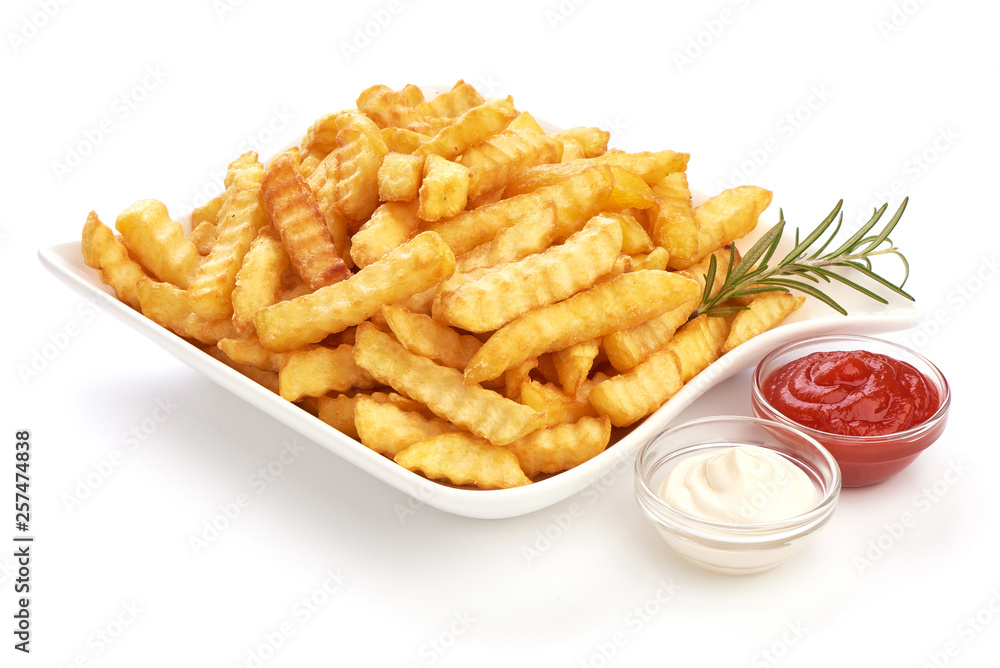 Potato fry, French fried potato fries with tomato sauce and mayonnaise, close-up, isolated on white background Potato fry, French fried potato fries with tomato sauce and mayonnaise, close-up, isolated on white background