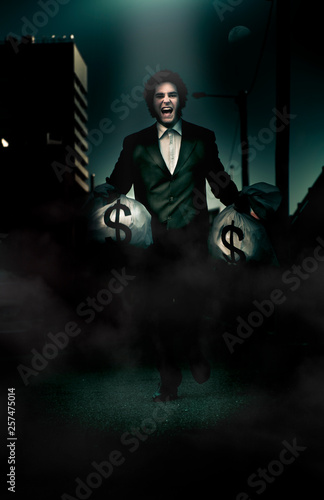 Bank Robber Business Man Running Underneath A Street Light At Night During A Lucrative Robbery Or Heist When Laughing All The Way From The Bank