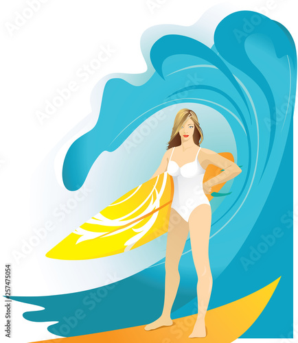 Surfer girl in bikini with surfboard.