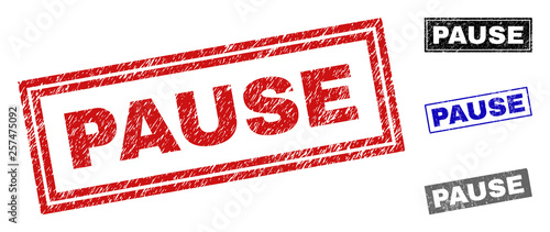 Grunge PAUSE rectangle stamp seals isolated on a white background. Rectangular seals with grunge texture in red, blue, black and gray colors.