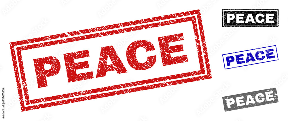 Grunge PEACE rectangle stamp seals isolated on a white background. Rectangular seals with distress texture in red, blue, black and gray colors. Grunge PEACE rectangle stamp seals isolated on a white background. Rectangular seals with distress texture in red, blue, black and gray colors.