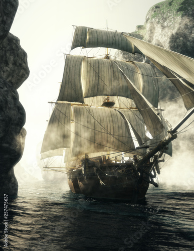 Obrazy Piraci  widok-z-przodu-statku-pirackiego-przebijajacego-sie-przez-mgle-waskiego-kanalu-renderowanie-3d