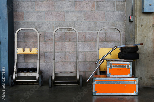 Travel cases and hand trucks.