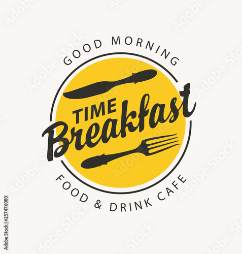 Vector banner on the theme of Breakfast time with fork and knife on the background of yellow circle with text in retro style