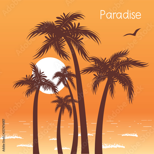 Tropical island paradise with palms silhouette and sunset