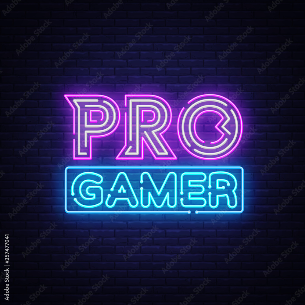 Pro Gamer neon sign vector. Neon Gaming Design template, light banner,  night signboard, nightly bright advertising, light inscription. Vector  illustration Stock Vector