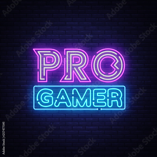 Pro Gamer neon sign vector. Neon Gaming Design template, light banner, night signboard, nightly bright advertising, light inscription. Vector illustration