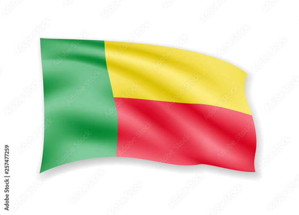 Waving Benin flag on white. Flag in the wind. Waving Benin flag on white. Flag in the wind.