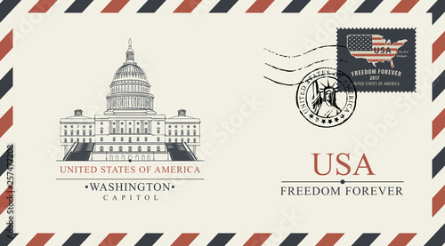 Vector postcard or envelope with famous Washington Capitol building and inscriptions. Postcard with postmark with statue of liberty and postage stamp with map of USA in colors of american flag.