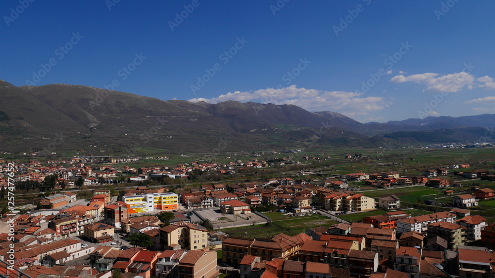 landscape Polla Cilento Italy view. Cityscape mountain blue sky and green valley