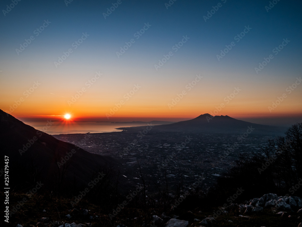 beautiful sunset over the Gulf of Naples and Vesuvius, Naples Campania, Italy