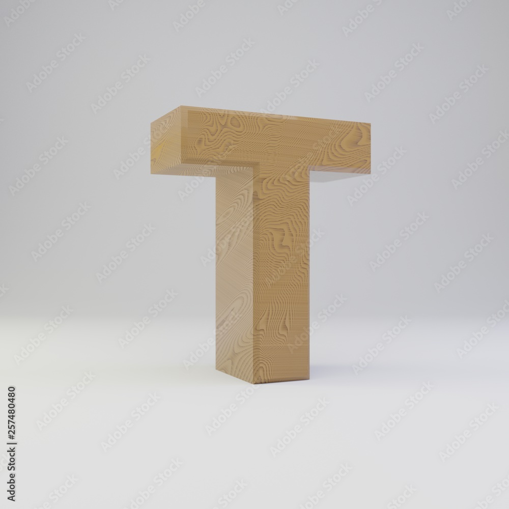 3D letter T uppercase. Wooden font isolated on white background.