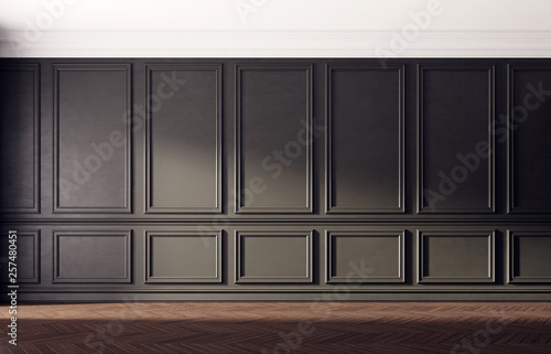 Black empty room with old wooden floor. Classic interior design. 