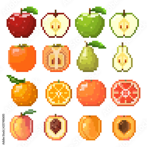 Collection of pixel fruits including apple, pear, peach, orange, grapefruit, apricot isolated on white background. Healthy food. Fresh and tasty fruits. Old style 8 bit icons.
