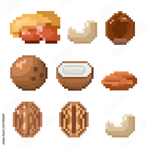 Collection of pixel nuts including peanut, cashew, hazelnut, coconut, almond, walnut isolated on white background. Healthy food. Old style 8 bit icons.