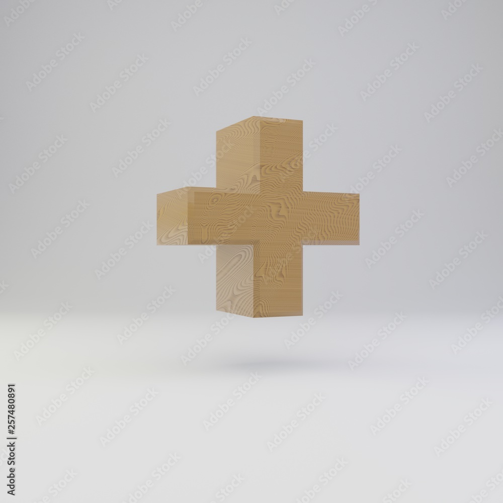 3D plus symbol. Wooden font isolated on white background. 3D plus symbol. Wooden font isolated on white background.