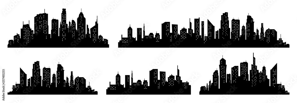 Fototapeta Miasto sylwetka wektor zestaw. Panorama miasta w tle. Kolekcja miejskich granic Skyline.