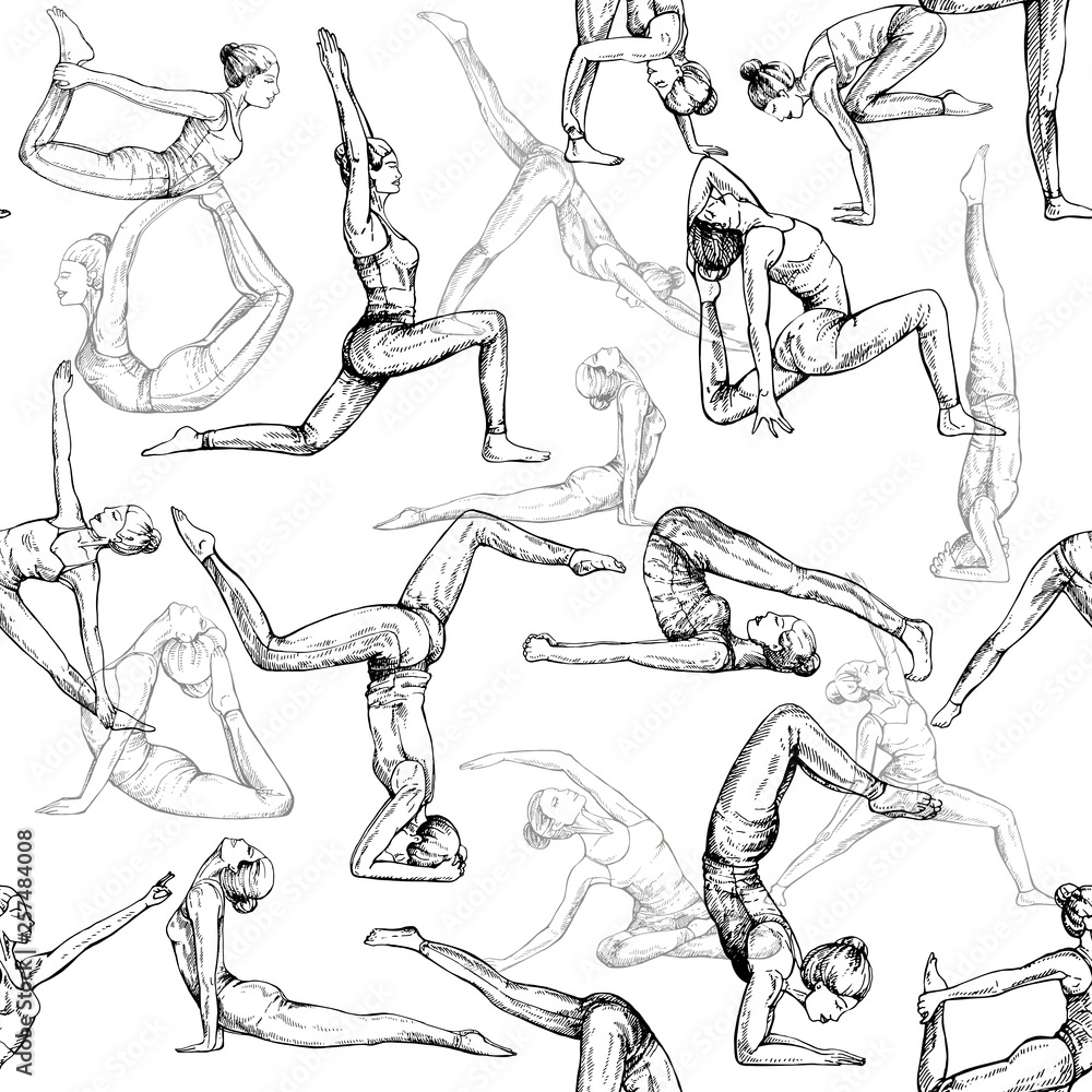 Fototapeta premium Seamless pattern of hand drawn sketch style abstract people doing yoga isolated on white background. Vector illustration.