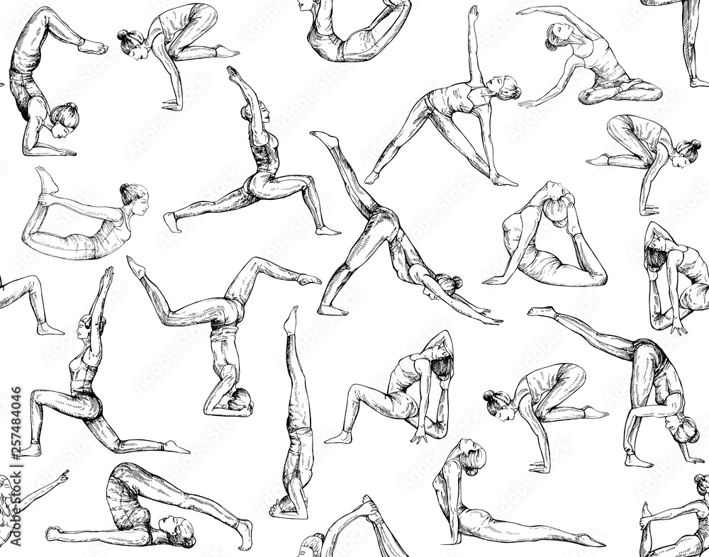 Seamless pattern of hand drawn sketch style abstract people doing yoga isolated on white background. Vector illustration. Seamless pattern of hand drawn sketch style abstract people doing yoga isolated on white background. Vector illustration.