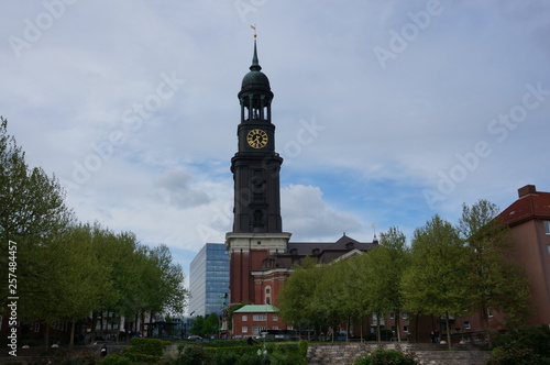 Hamburgs iconic central church, St. Michaelis, as seen from the south side on a beautiful summer day. Locally the church us fondly called the Michel.