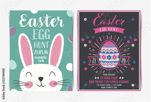 Set of Easter egg hunt invitation template. Vector illustration.