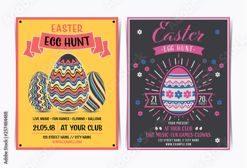 Set of Easter egg hunt invitation template. Vector illustration.