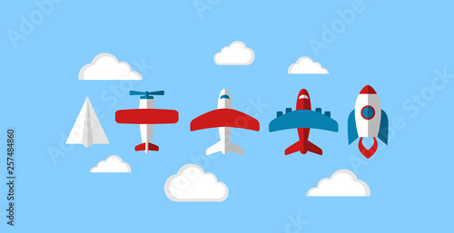 Business start up spaceship rocket, paper plane, airplane and clouds vector cartoon icons. Colorful airplane, paper plane and rocket launch flat icons in red, white and blue.