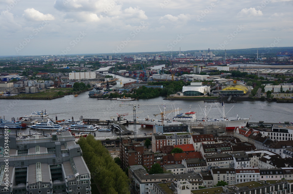 Aerial view of Hamburg port on a summer day