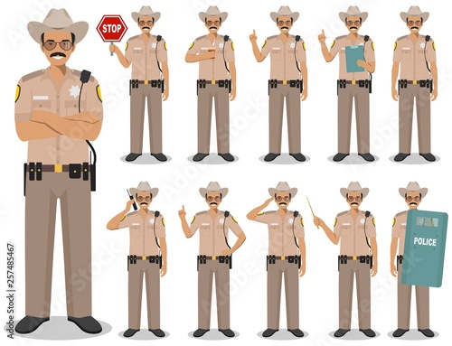 Police people concept. Detailed illustration of american policeman, sheriff standing in different positions in flat style isolated on white background. Vector illustration.