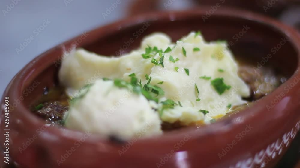 Balkan Beef Goulash With Mashed Potato Hot and Served Restaurant Food Cuisine Balkan Beef Goulash With Mashed Potato Hot and Served Restaurant Food Cuisine