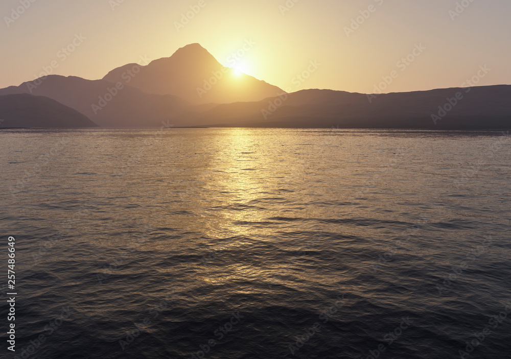sun setting over calm mountain lake morning mood