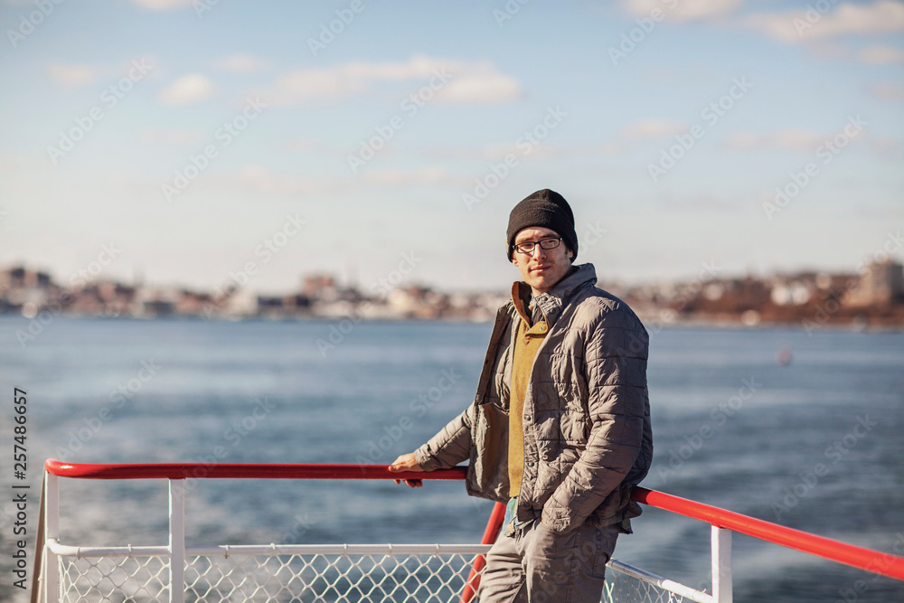Portrait of man riding ferry, Portland, Maine, USA Portrait of man riding ferry, Portland, Maine, USA
