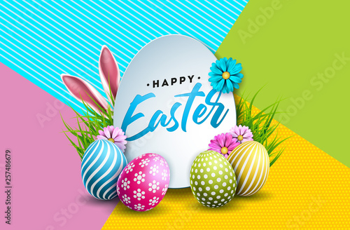 Vector Illustration of Happy Easter Holiday with Painted Egg, Rabbit Ears and Spring Flower on Colorful Background. International Celebration Design with Typography for Greeting Card, Party Invitation