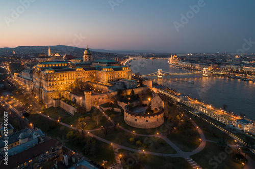 Budapest at night with Buda Castle Royal Palace, Szechenyi Chain Bridge