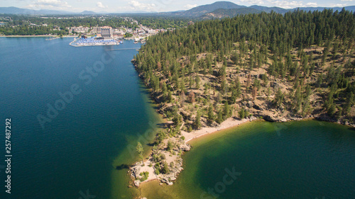 Aerial view of Tubbs Hill and Lake Coeur d'Alene in Coeur d'Alene, Idaho, USA photo
