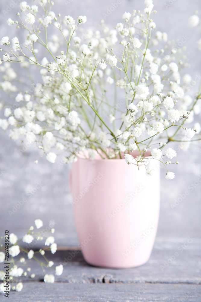 White gypsophila flowers in pink cup on grey background