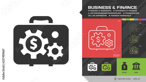 Vector business and finance black glyph silhouette and editable stroke thin outline single icon with financial briefcase, gear, dollar and coin money symbol.