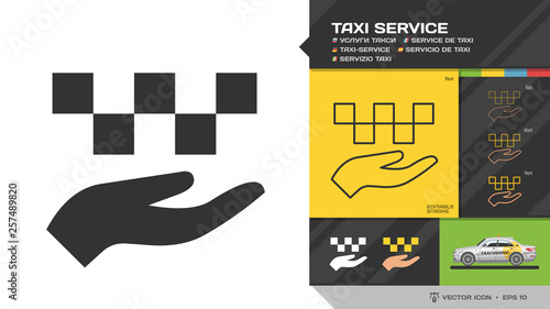 Vector taxi cab service black silhouette and editable stroke thin outline single color hand with chequered icon with yellow sedan side mockup.