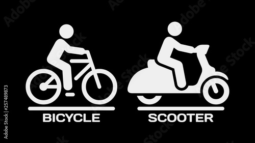 Vector isolated bicycle and motor scooter icon on a black background. Motorcycle and bike with rider on road silhouette sign.