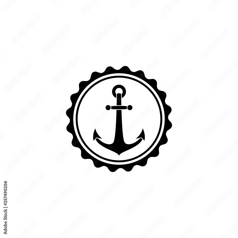 Nautical black anchor label isolated on white. Ship and boat steering wheel sign. Nautical black anchor label isolated on white. Ship and boat steering wheel sign.