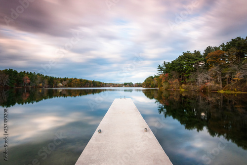 Jetty on lake under overcast sky, Massachusetts, USA photo