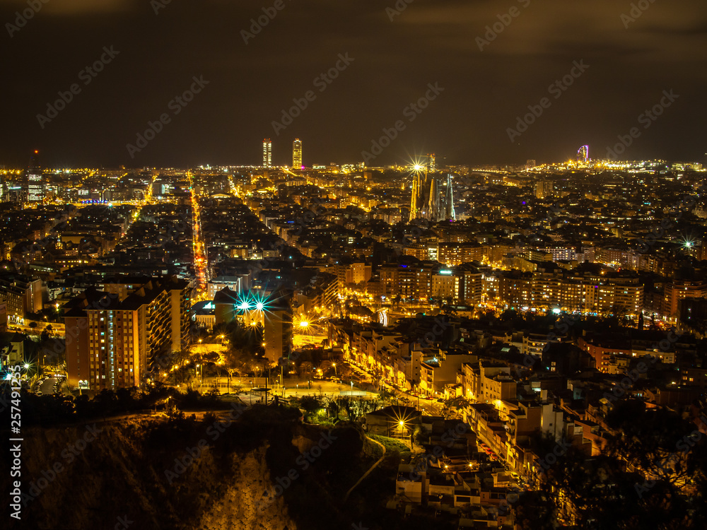 Night aerial skyline view of Barcelona (Spain) from the Bunker del Carmel