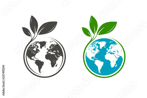 Green leafs and globe logo. Eco, natural, organic icon or symbol. Vector