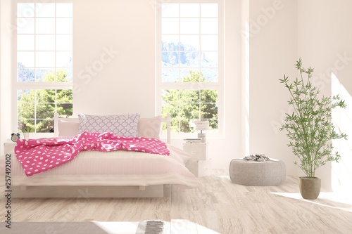 White stylish minimalist bedroom with summer landscape in window. Scandinavian interior design. 3D illustration