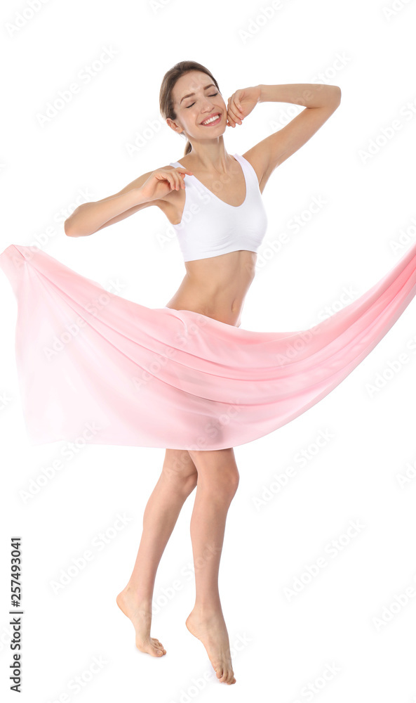 Young woman with soft fabric on white background. Beauty and body care Young woman with soft fabric on white background. Beauty and body care