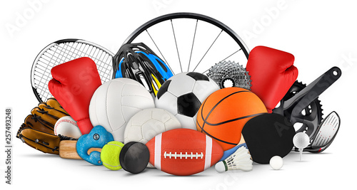 huge collection stack of sport goods and balls gear bicycle wheel equipment from various sports isolated white background