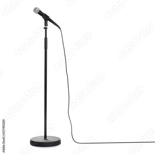 Slika na platnu Stand with modern microphone on white background